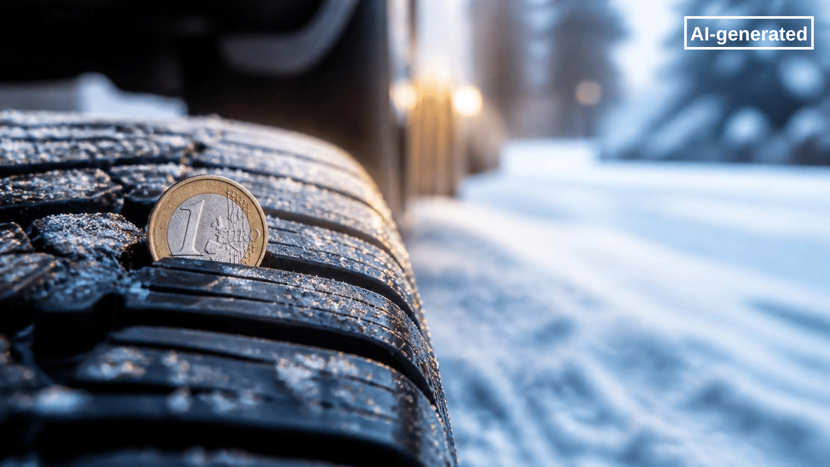 Winterreifen im Schnee mit 1-Euro-Münze im Profil – Profiltiefe prüfen und Auto winterfest machen