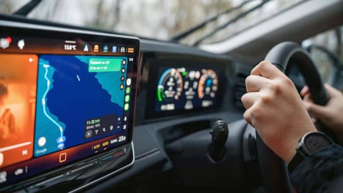 Digitales Cockpit mit Navigationssystem und Assistenzanzeigen, das moderne Fahrerassistenzsysteme und vernetzte Sicherheit im Auto seit 2025 symbolisiert.